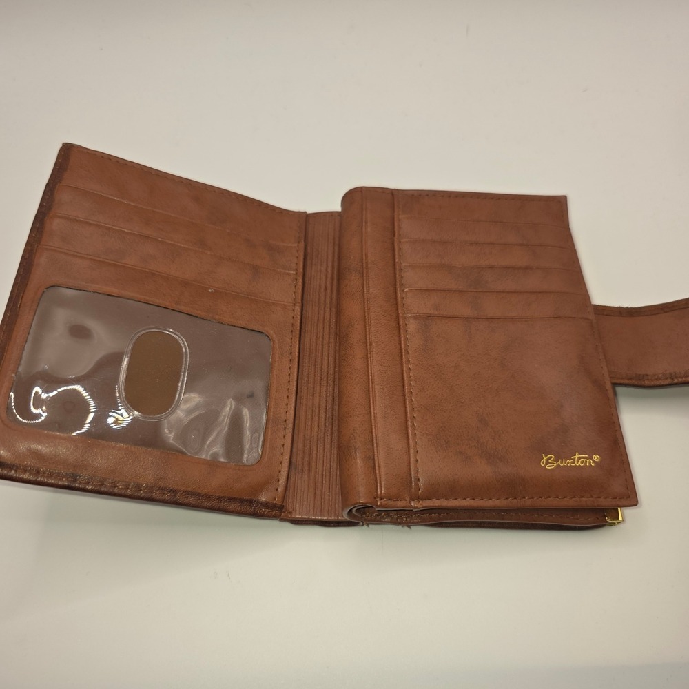 Buxton Vintage Brown Top Grain Cowhide Leather Trifold Kiss Lock Wallet Logo - Picture 2 of 6